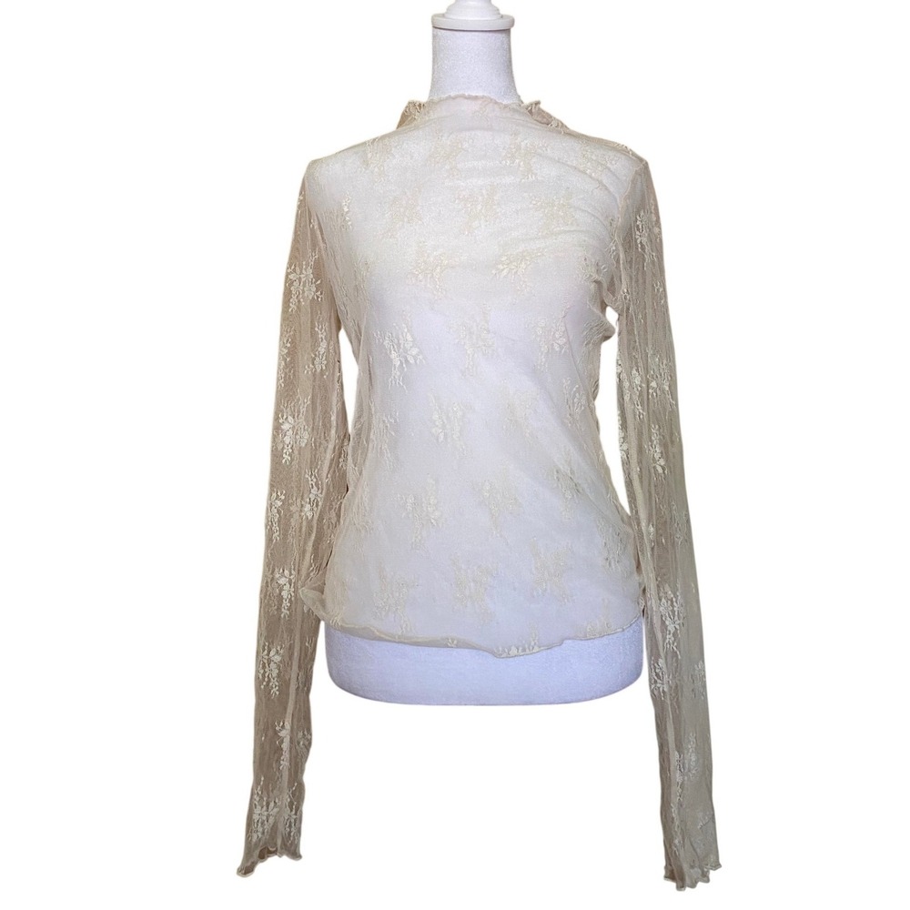 Floral Lace Mesh White Mock Neck Long Sleeve Sheer Top Medium Festival Fairy Y2K